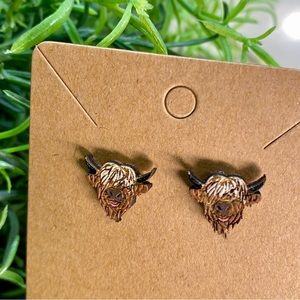 Hand Painted Highland Cow Wood Stud Earrings